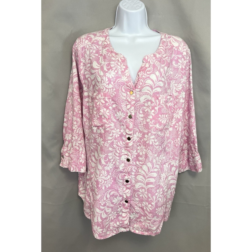 Coral Bay Womens Pink Floral‎ Button Down 3/4 Sleeve Blouse Top Sz 2X